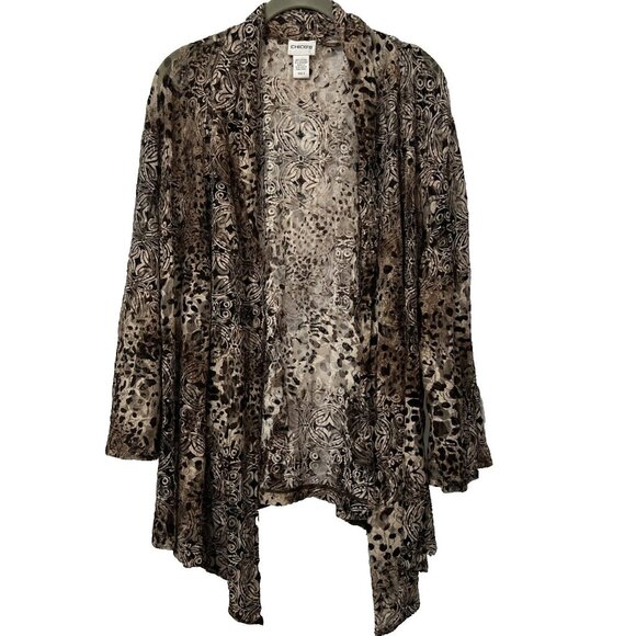 Chico's Jackets & Blazers - Chicos Jacket XL Black Brown Leopard Mesh Stretch Artsy Slits Sheer Long Sleeves